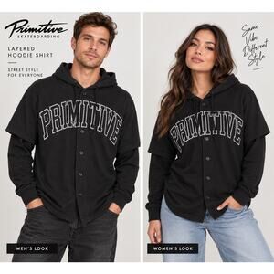 Primitive Skateboarding Mens S Black Layered Hoodie Shirt Embroidered Logo